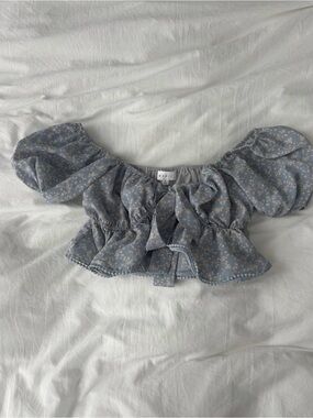 Mable Blue Floral Puff Sleeve Tie Front Crop Top Size Small